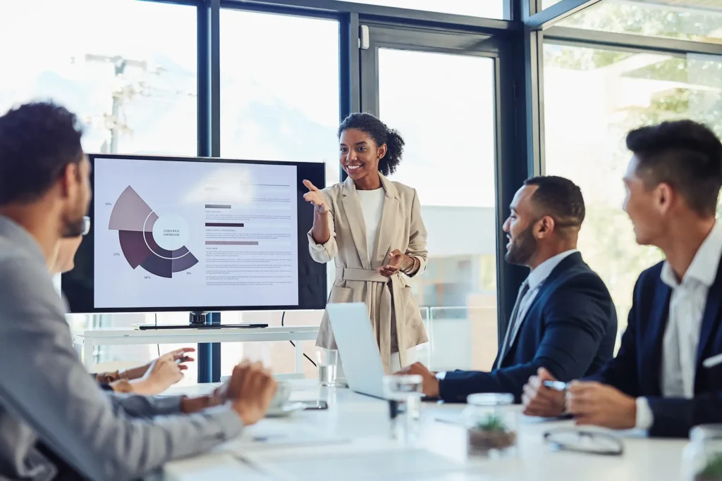 businesswoman and presentation on screen